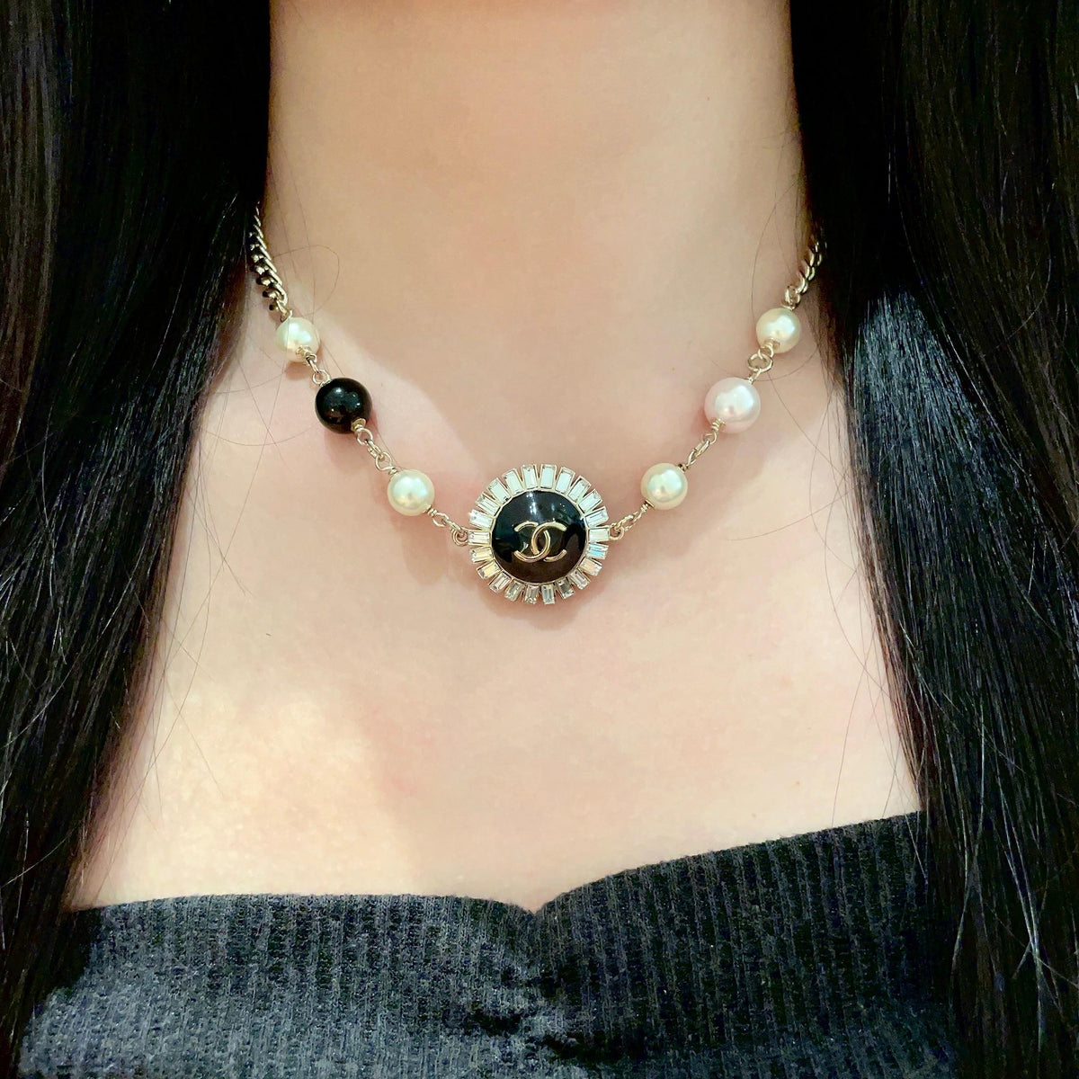 Double-C Emblem Pearl-Detail Pendant Necklace – Pearl Detail – Design 105 detail view