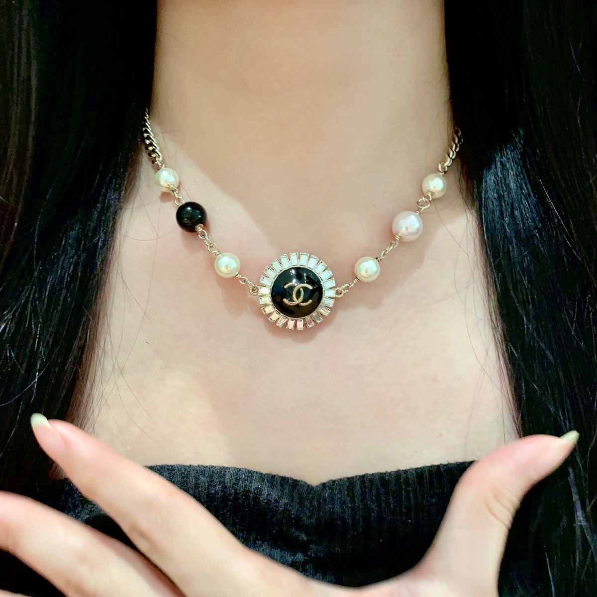 Double-C Emblem Pearl-Detail Pendant Necklace – Pearl Detail – Design 105 front product view