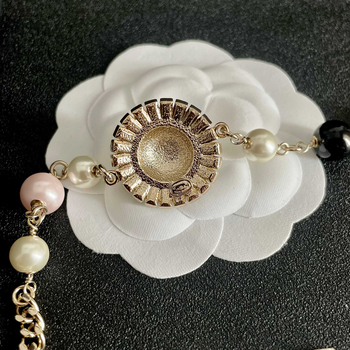 Double-C Emblem Pearl-Detail Pendant Necklace – Pearl Detail – Design 105 front product view