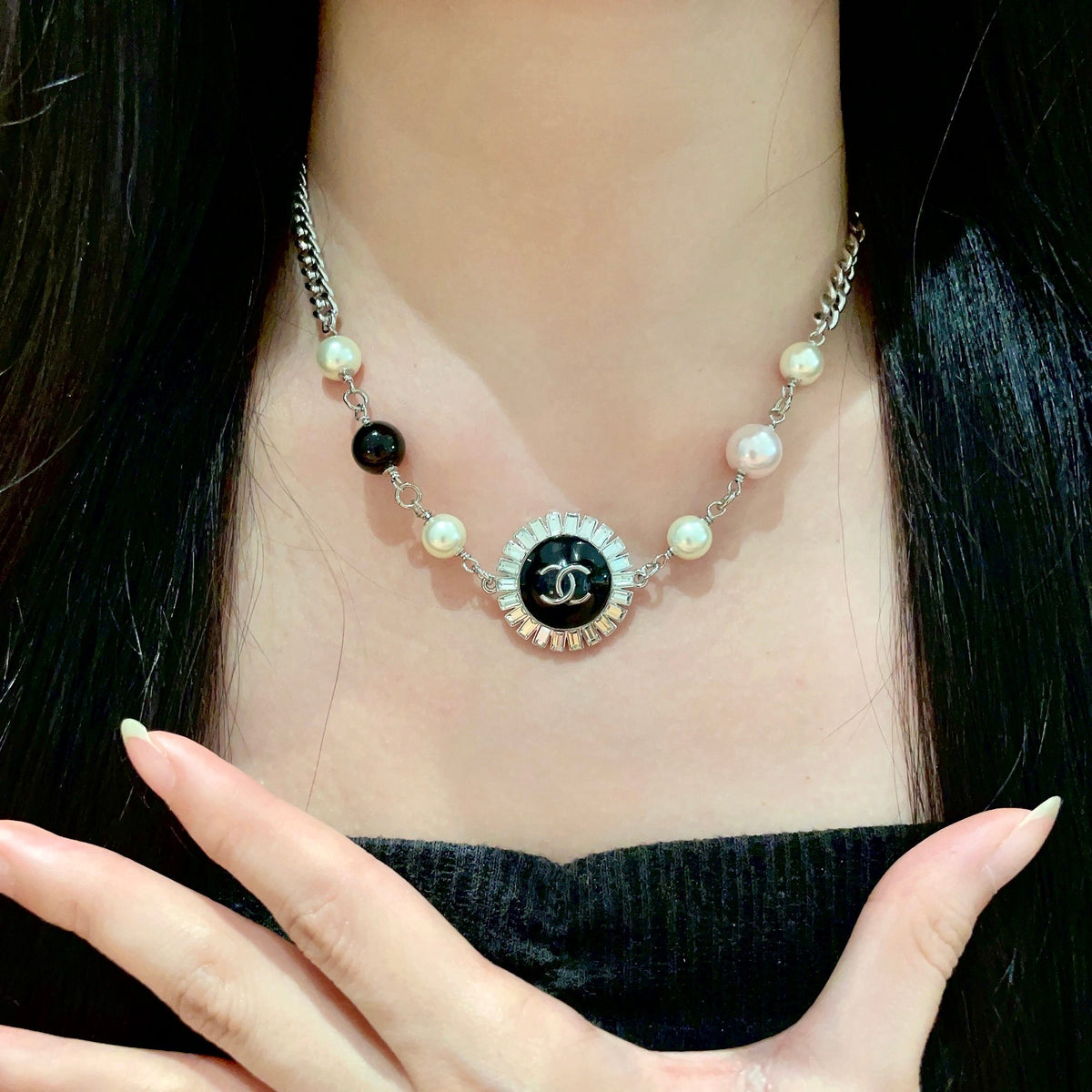 Double-C Emblem Pearl-Detail Pendant Necklace – Pearl Detail – Design 035 front product view