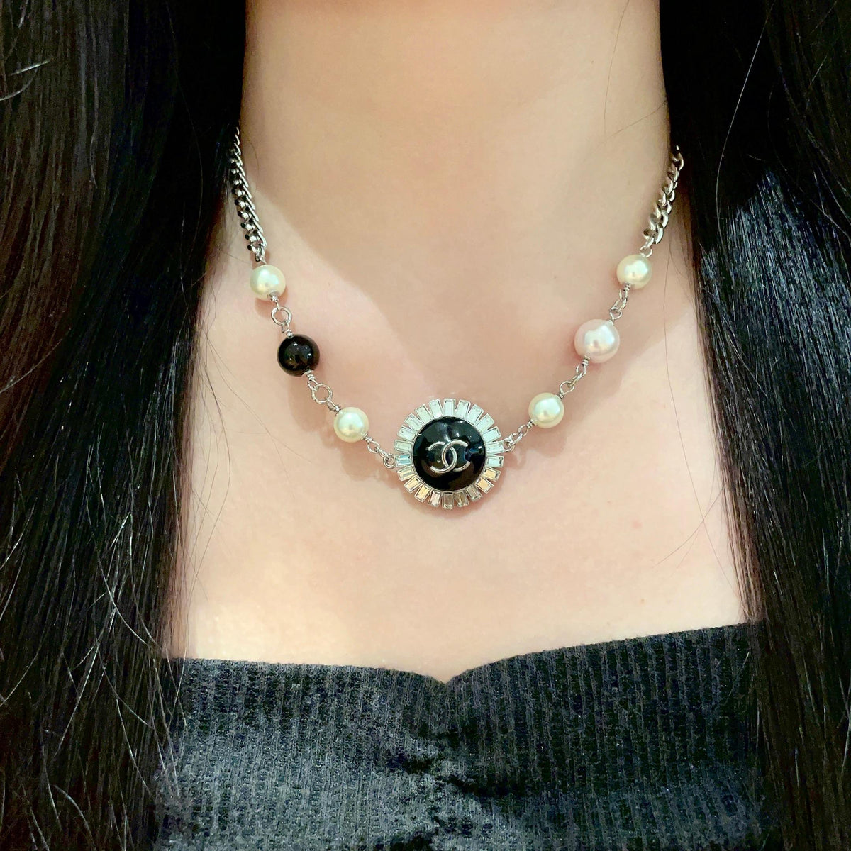 Double-C Emblem Pearl-Detail Pendant Necklace – Pearl Detail – Design 104 detail view