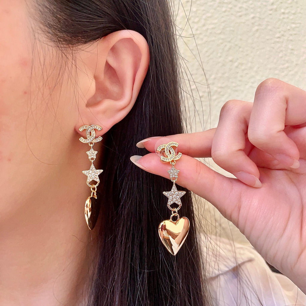 Double-C Emblem Statement Earrings in Polished Metal-Tone – Heart Detail – Design 006 main product view