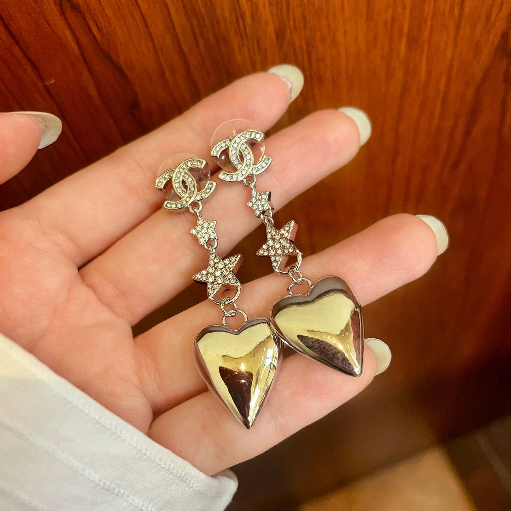 Double-C Emblem Statement Earrings in Polished Metal-Tone – Heart Detail – Design 002 side detail