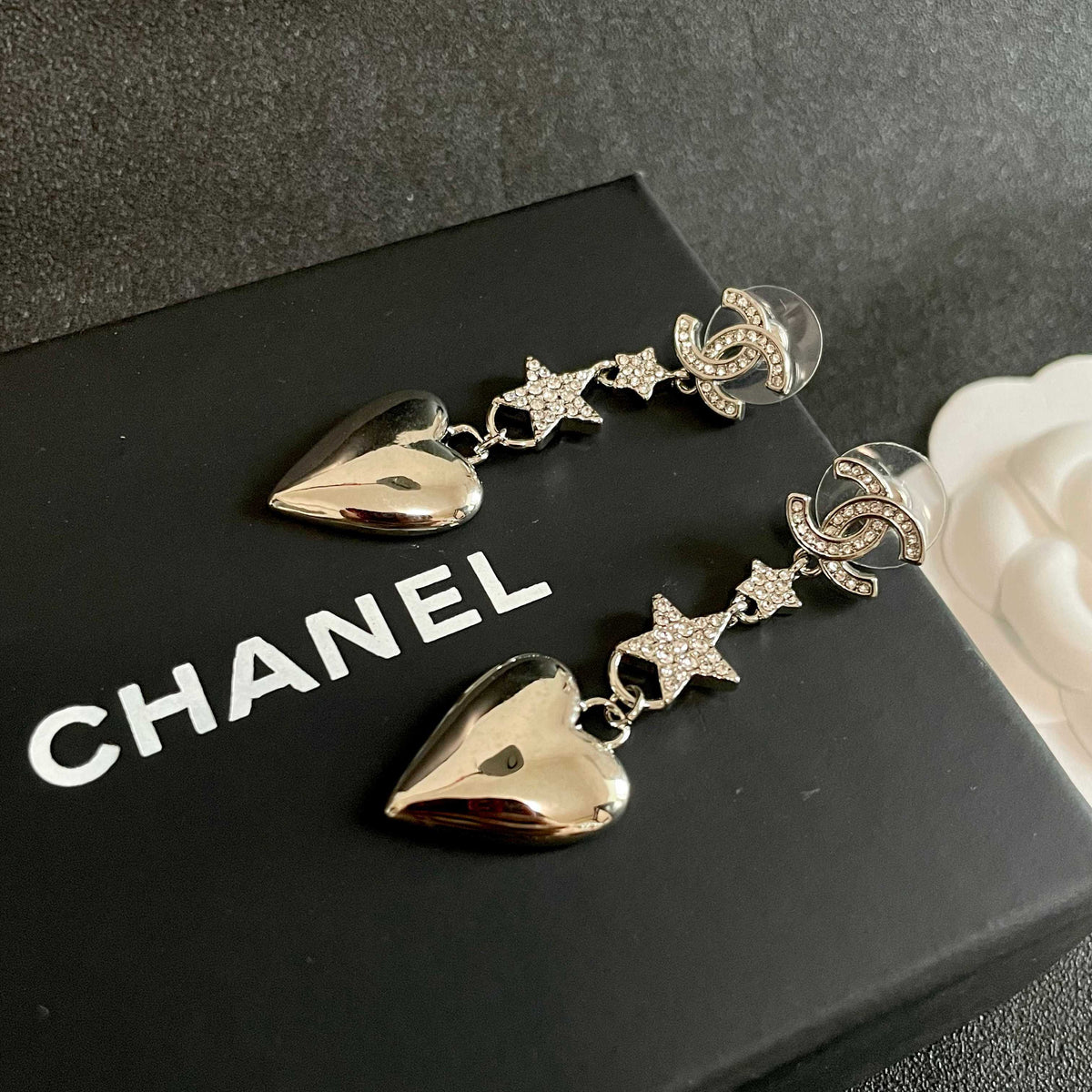 Double-C Emblem Statement Earrings in Polished Metal-Tone – Heart Detail – Design 005 detail view