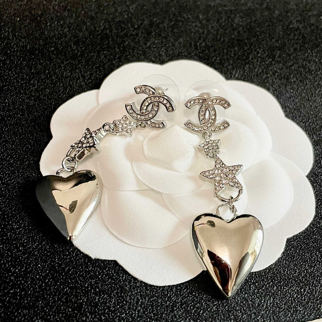 Double-C Emblem Statement Earrings in Polished Metal-Tone – Heart Detail – Design 005 front product view