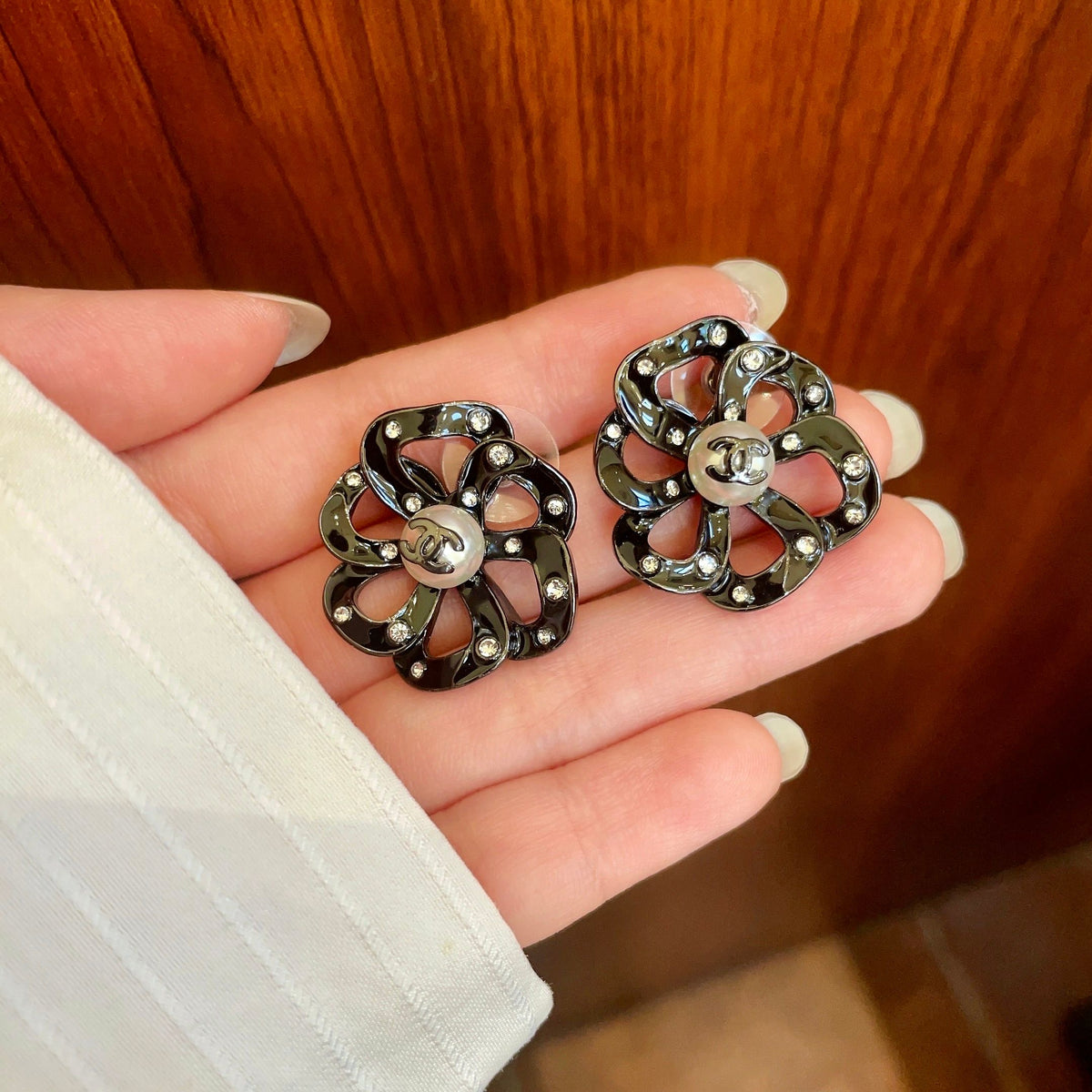 Camellia Stud Earrings in Polished Metal-Tone – Camellia Detail – Design 029 side detail