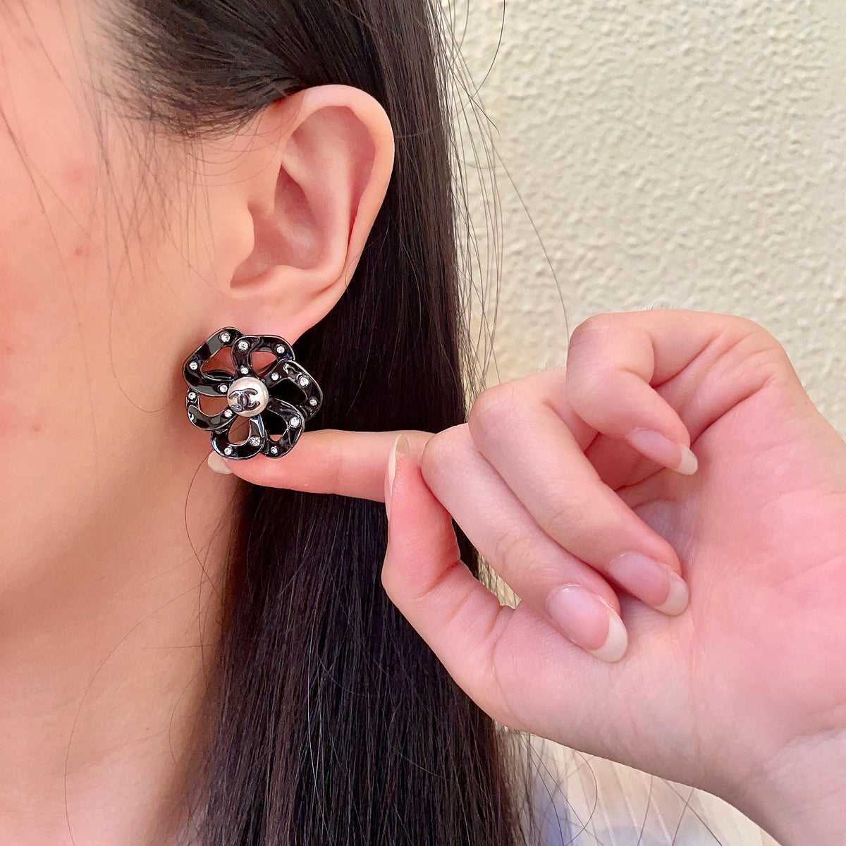 Camellia Stud Earrings in Polished Metal-Tone – Camellia Detail – Design 008 front product view