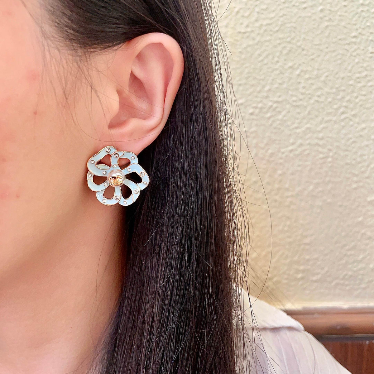 Camellia Stud Earrings in Polished Metal-Tone – Camellia Detail – Design 007 detail view