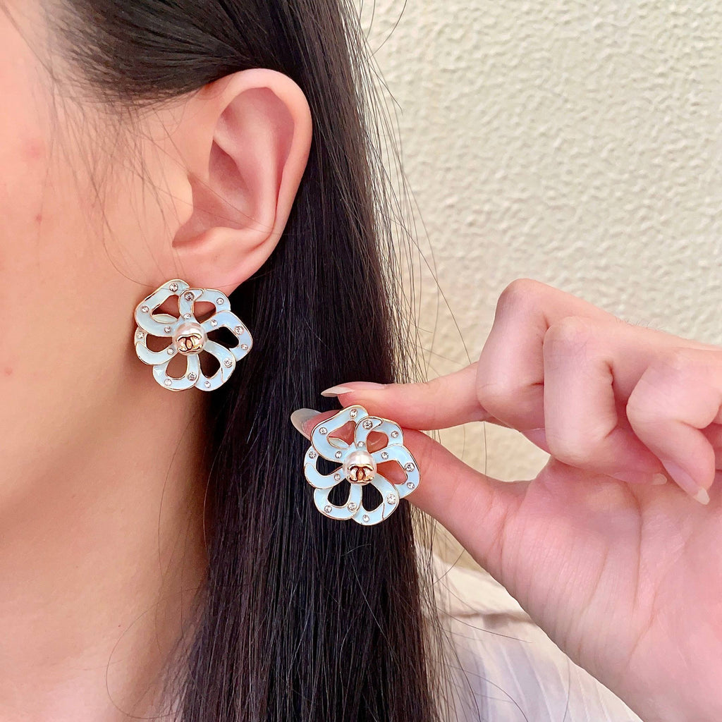Camellia Stud Earrings in Polished Metal-Tone – Camellia Detail – Design 028 main product view