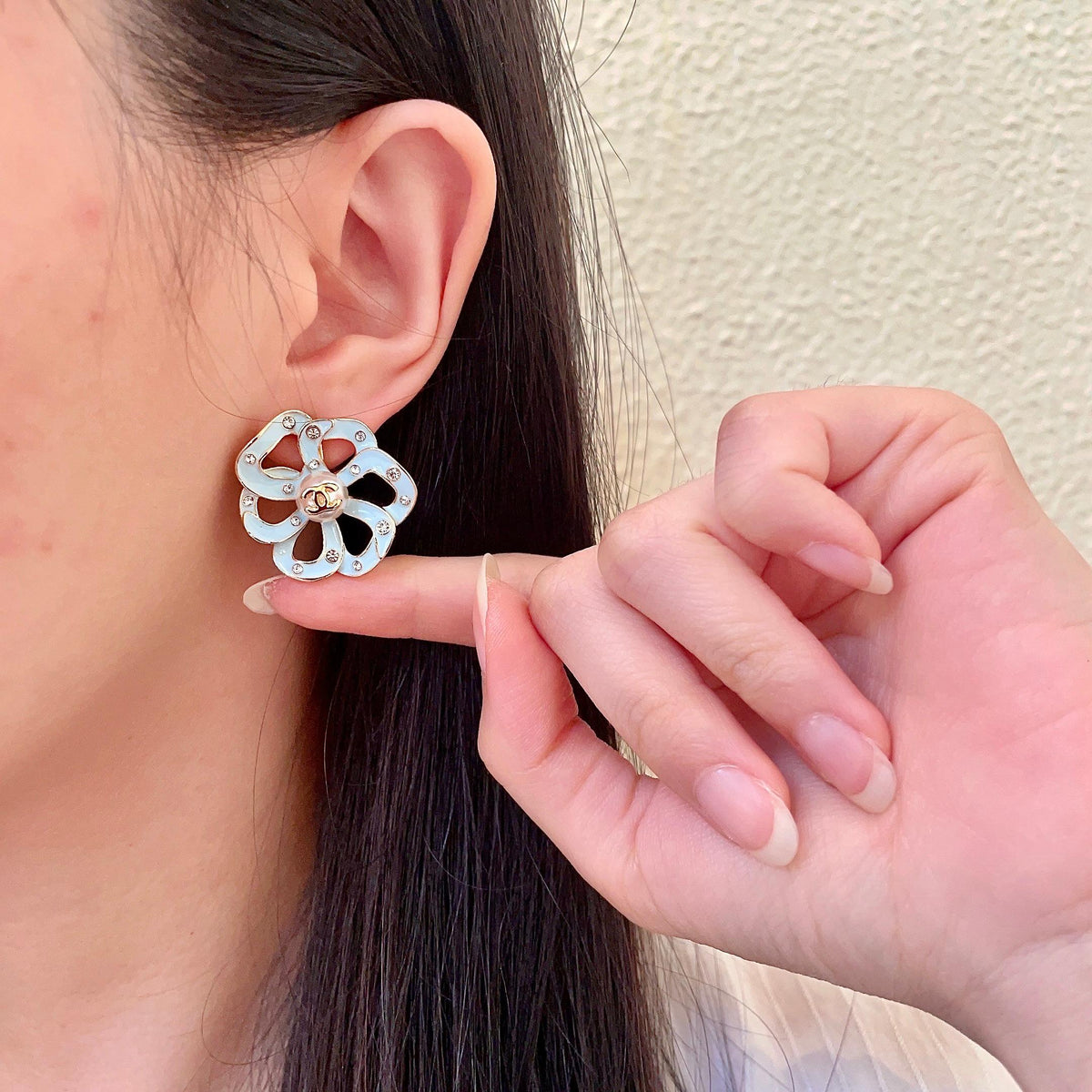 Camellia Stud Earrings in Polished Metal-Tone – Camellia Detail – Design 028 front product view