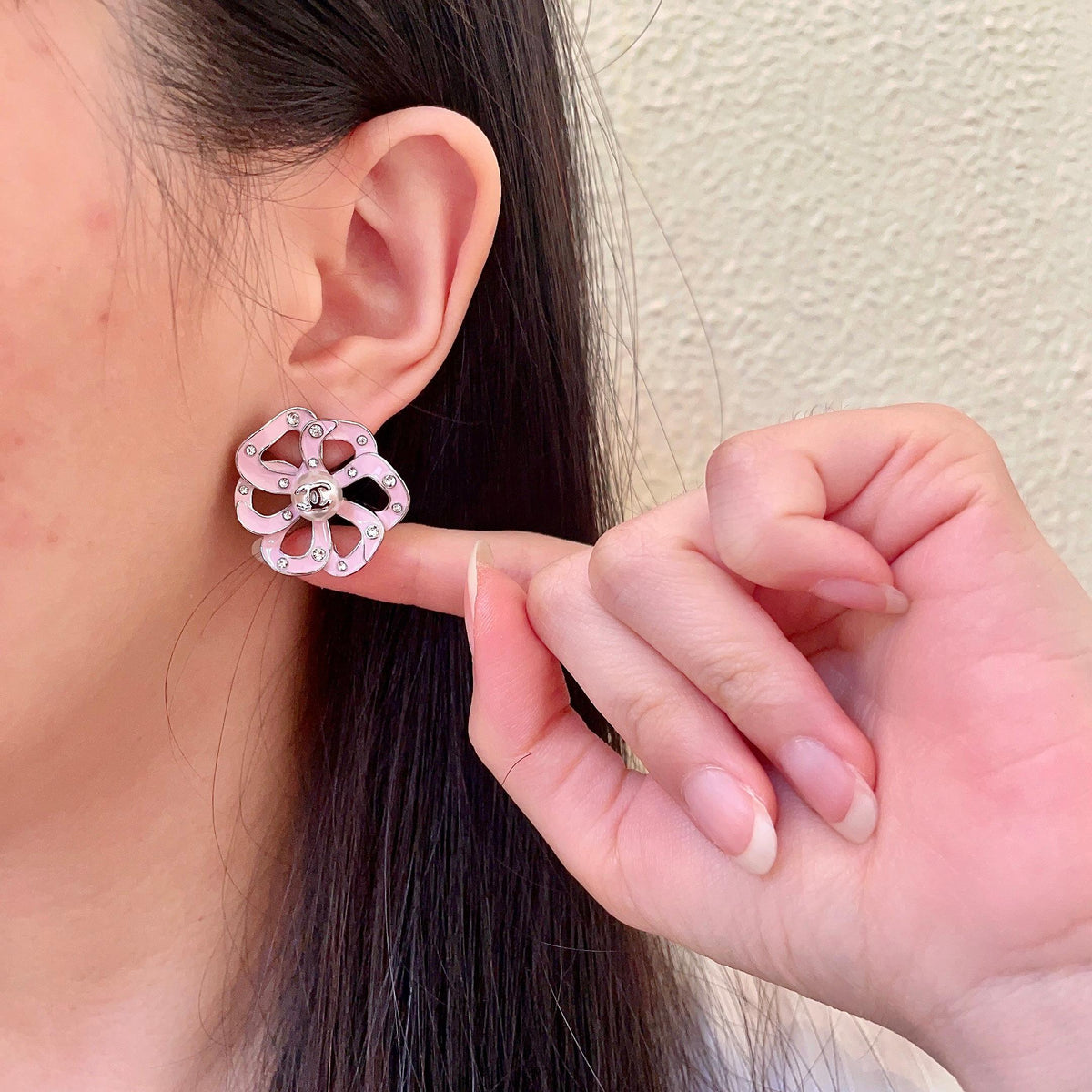 Camellia Stud Earrings in Polished Metal-Tone – Camellia Detail – Design 027 front product view