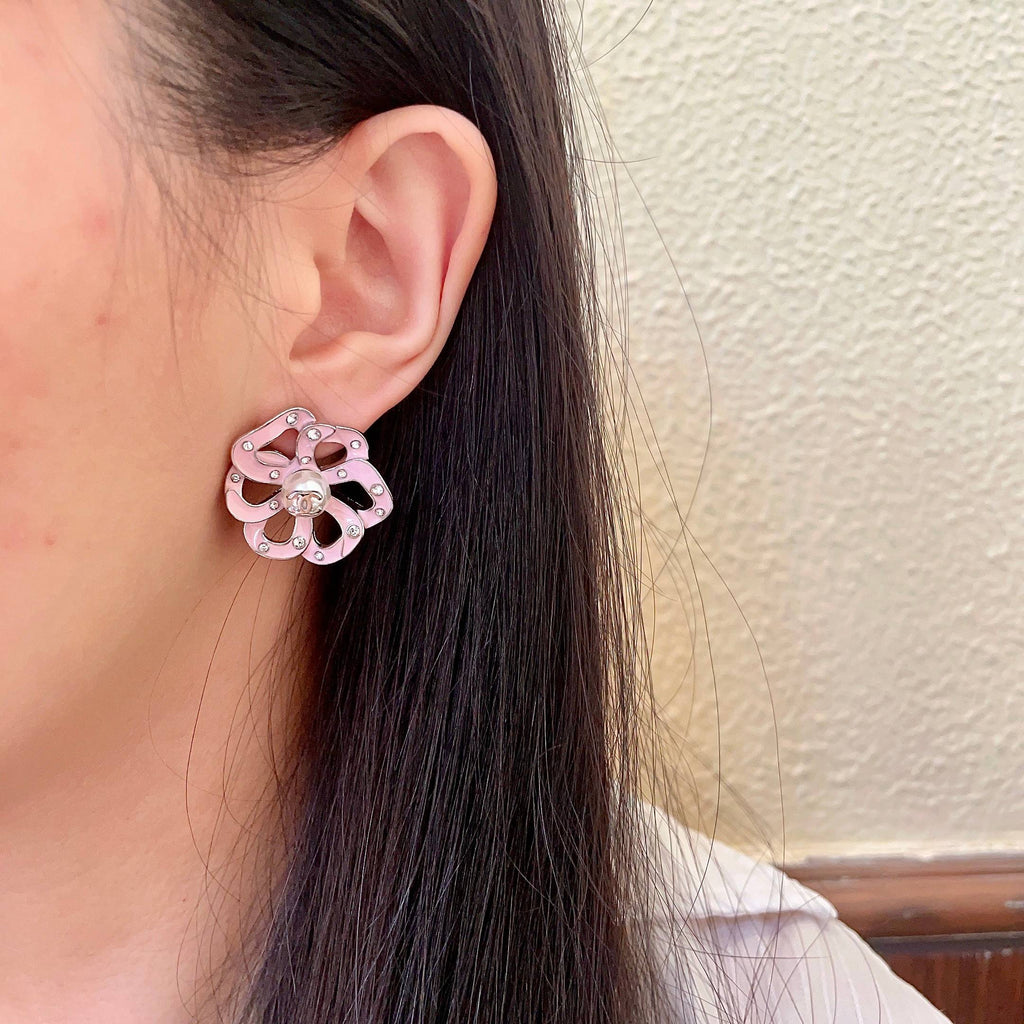 Camellia Stud Earrings in Polished Metal-Tone – Camellia Detail – Design 027 detail view