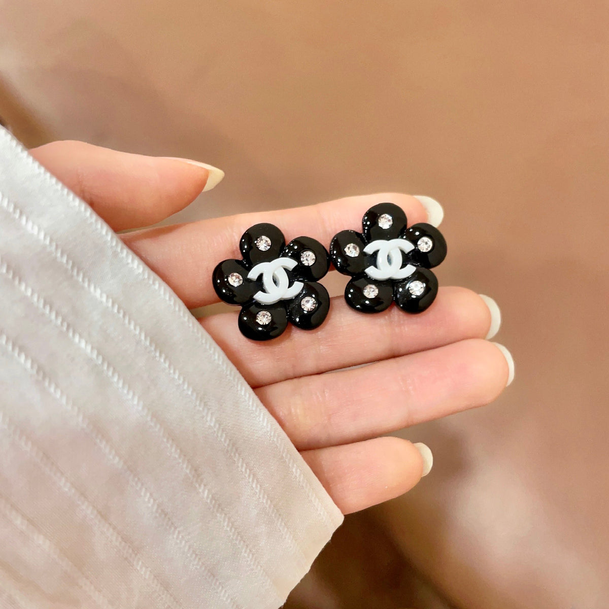 Camellia Stud Earrings in Polished Metal-Tone – Camellia Detail – Design 030 side detail
