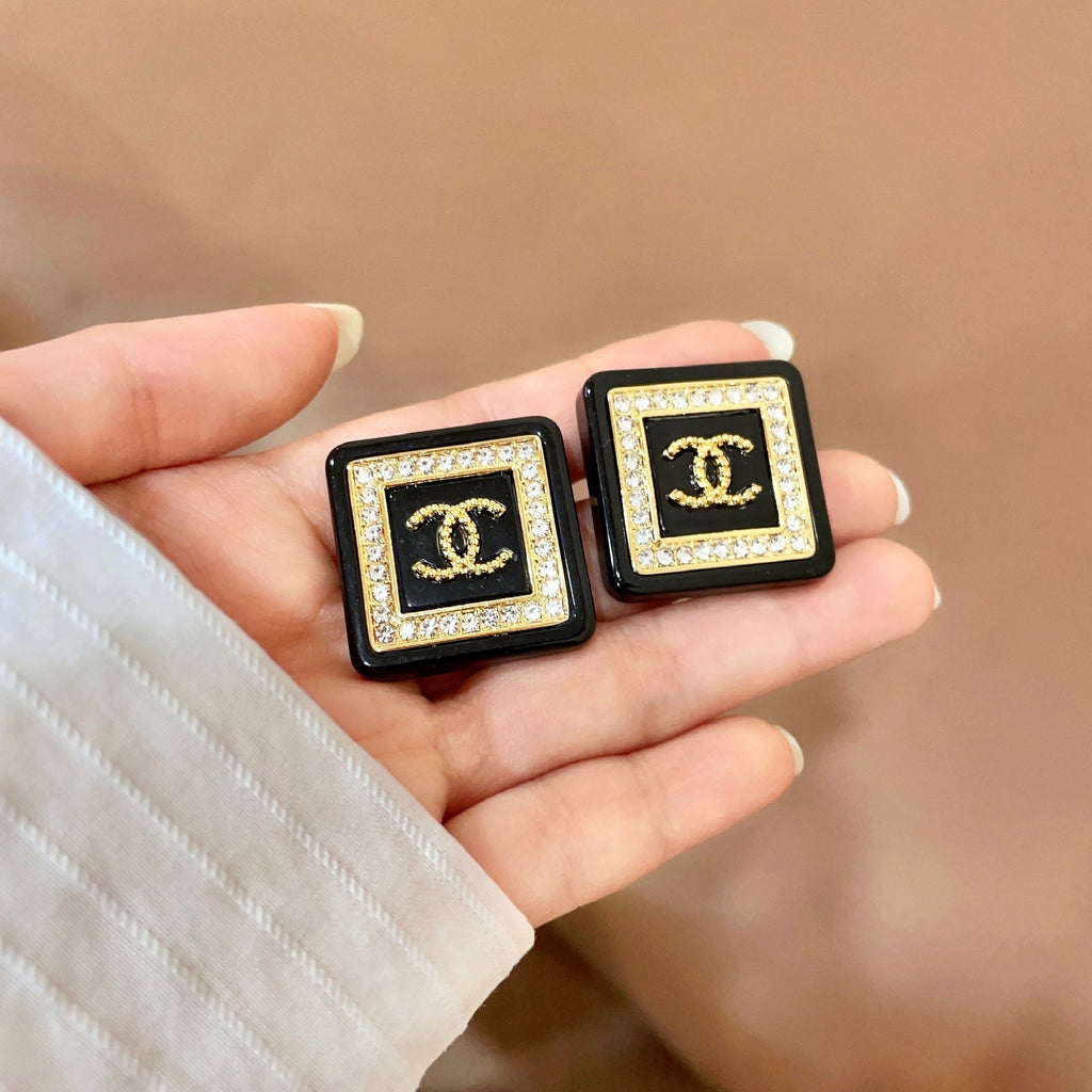 Double-C Emblem Stud Earrings in Polished Metal-Tone – Design 388 side detail