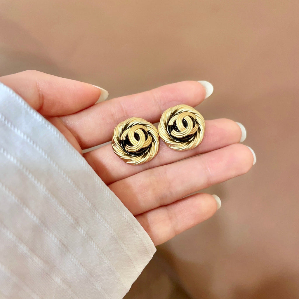 Double-C Emblem Stud Earrings in Polished Metal-Tone – Design 387 side detail