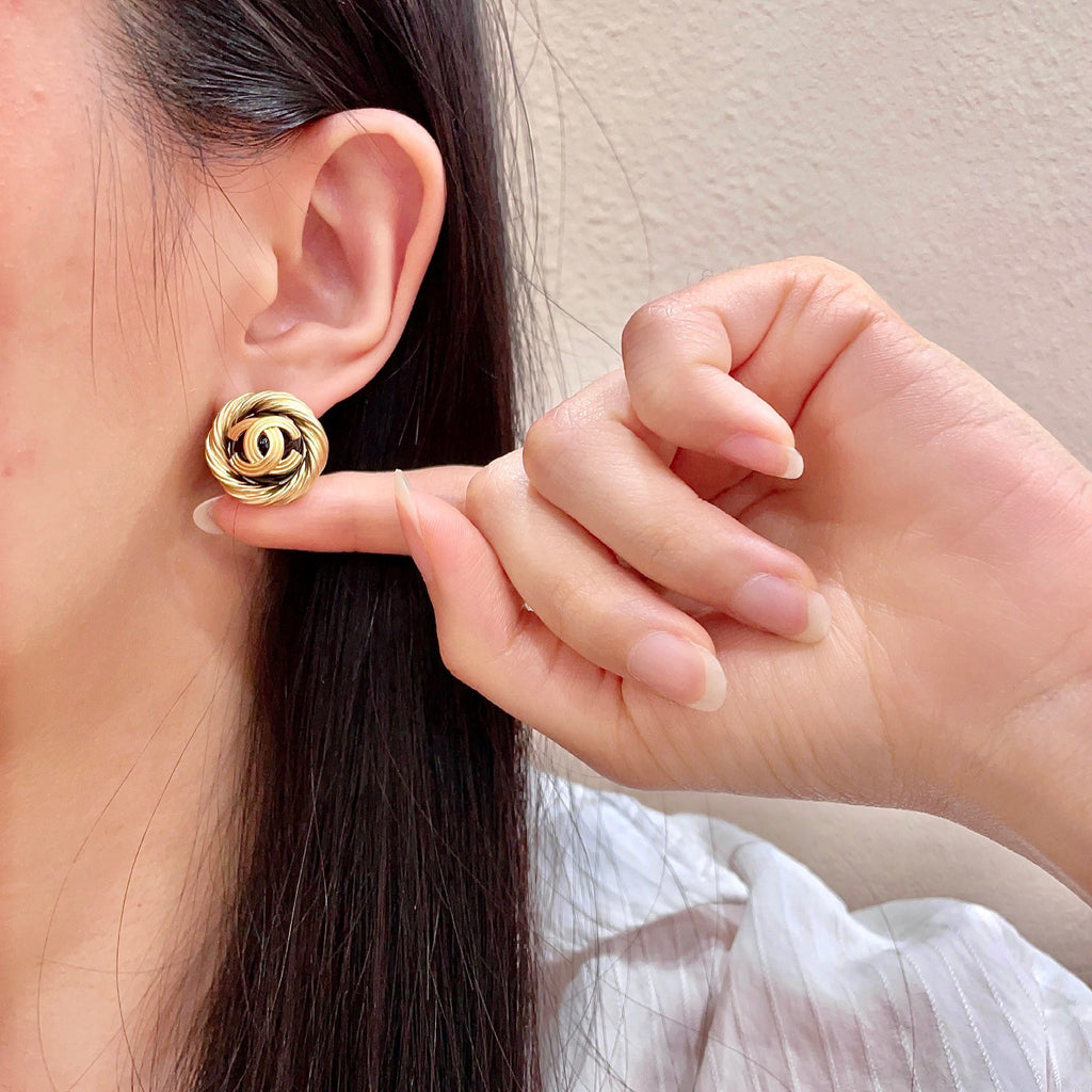Double-C Emblem Stud Earrings in Polished Metal-Tone – Design 303 front product view