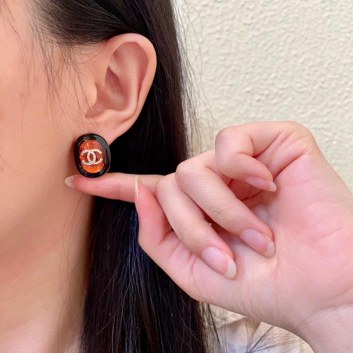 Double-C Emblem Stud Earrings in Polished Metal-Tone – Design 458 front product view