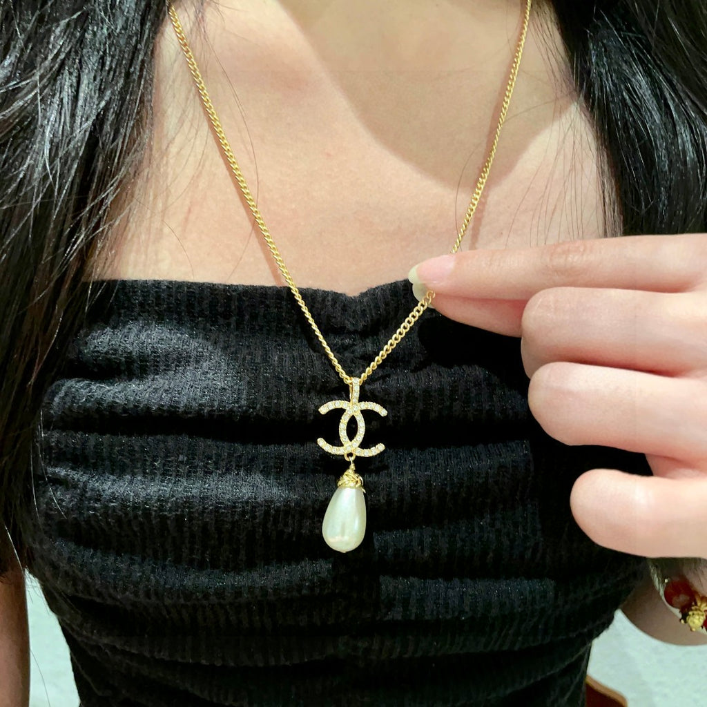 Double-C Emblem Pearl-Detail Pendant Necklace – Pearl Detail – Design 131 front product view