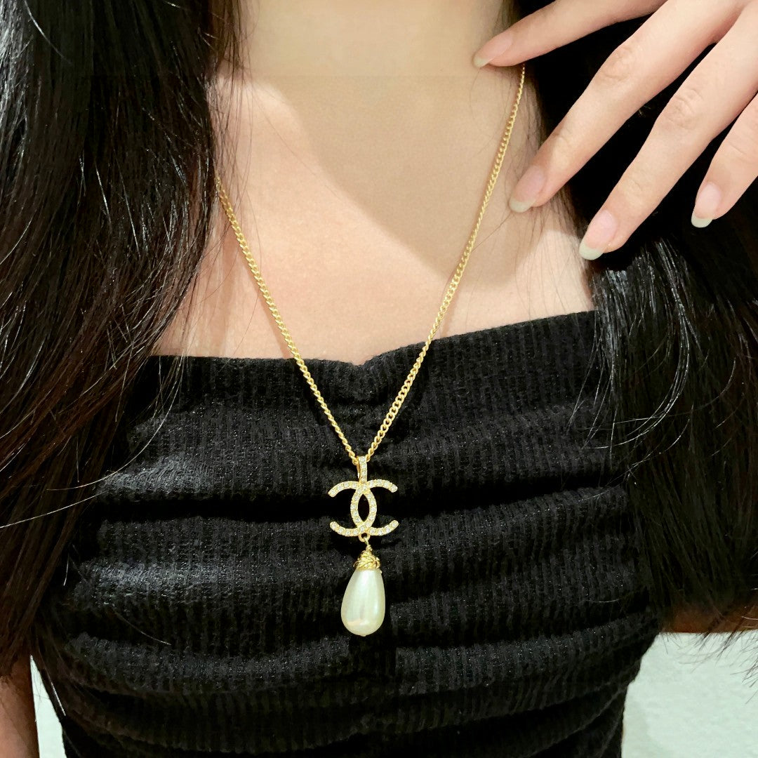 Double-C Emblem Pearl-Detail Pendant Necklace – Pearl Detail – Design 129 main product view