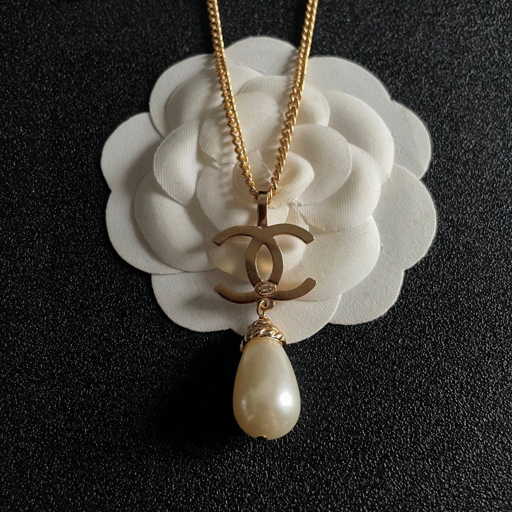 Double-C Emblem Pearl-Detail Pendant Necklace – Pearl Detail – Design 131 front product view