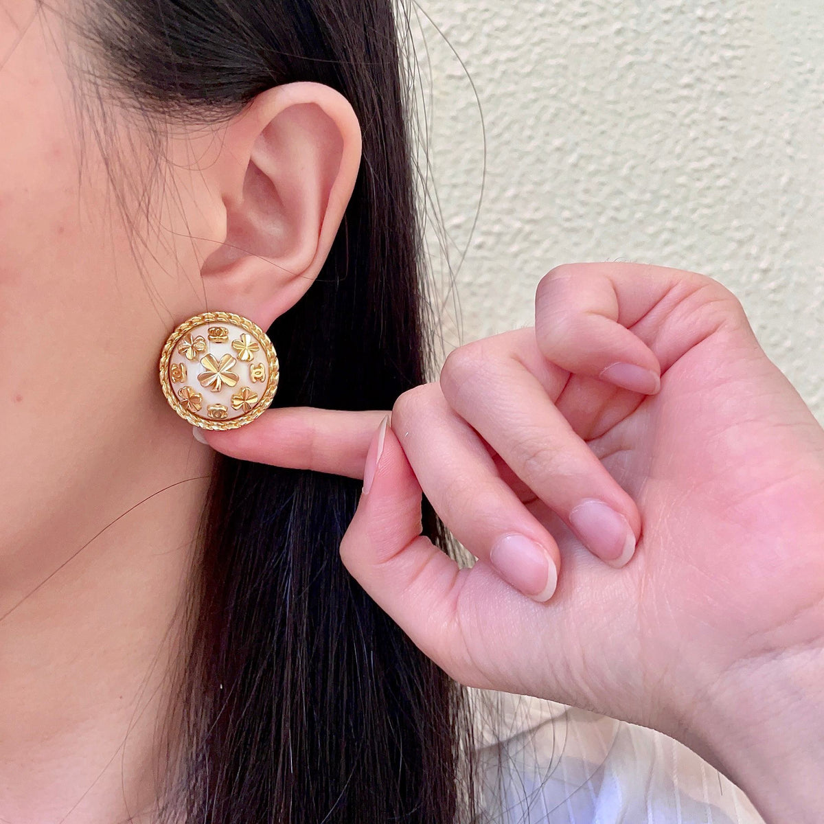 Camellia Stud Earrings in Polished Metal-Tone – Camellia Detail – Design 050 front product view