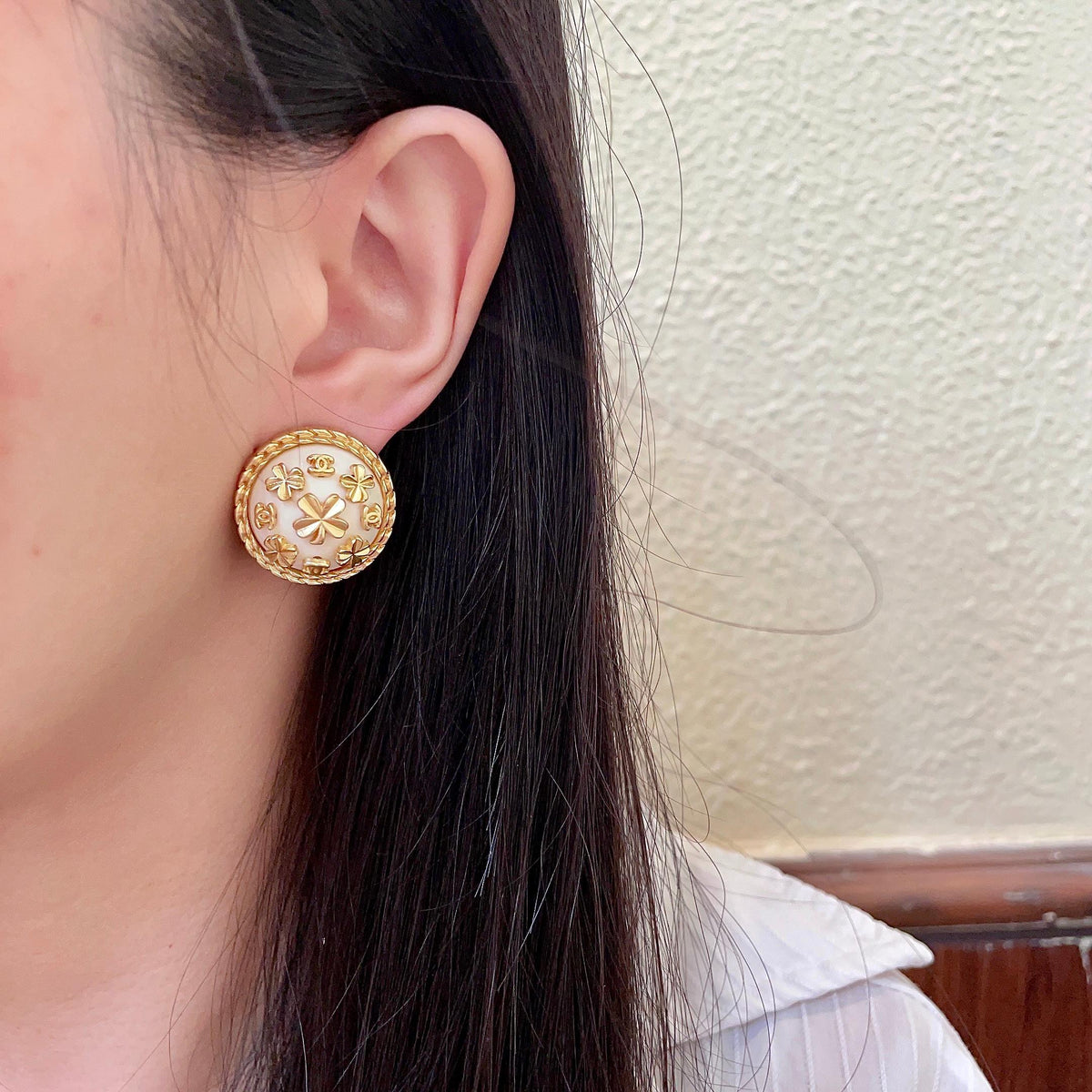 Camellia Stud Earrings in Polished Metal-Tone – Camellia Detail – Design 050 detail view
