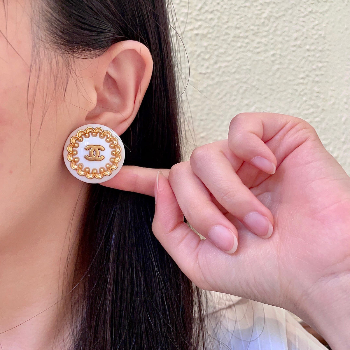 Double-C Emblem Stud Earrings in Polished Metal-Tone – Design 478 front product view
