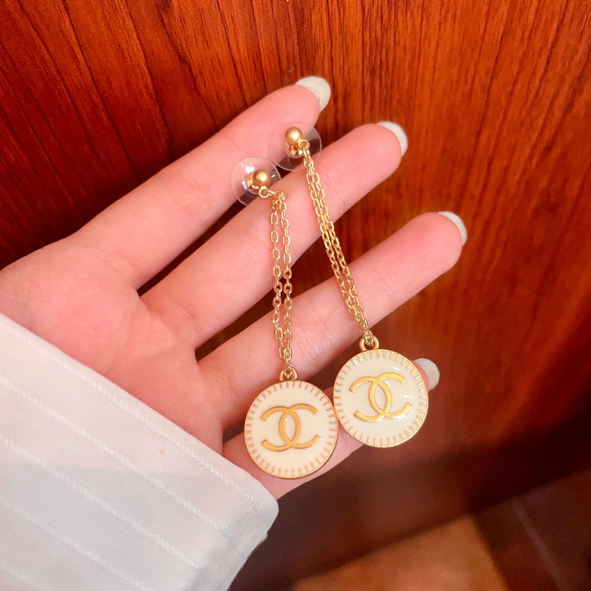 Double-C Emblem Statement Earrings in Polished Metal-Tone – Design 009 detail view