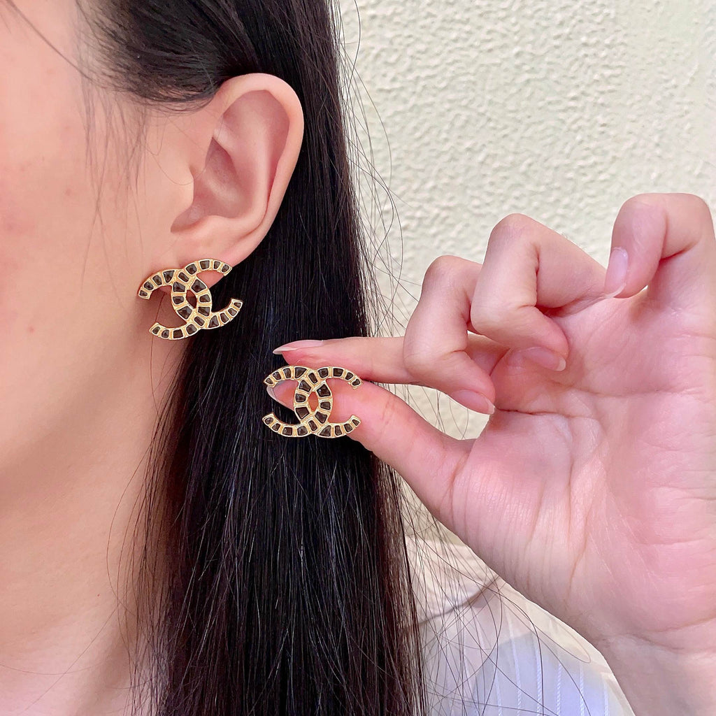 Double-C Emblem Stud Earrings in Polished Metal-Tone – Design 396 main product view