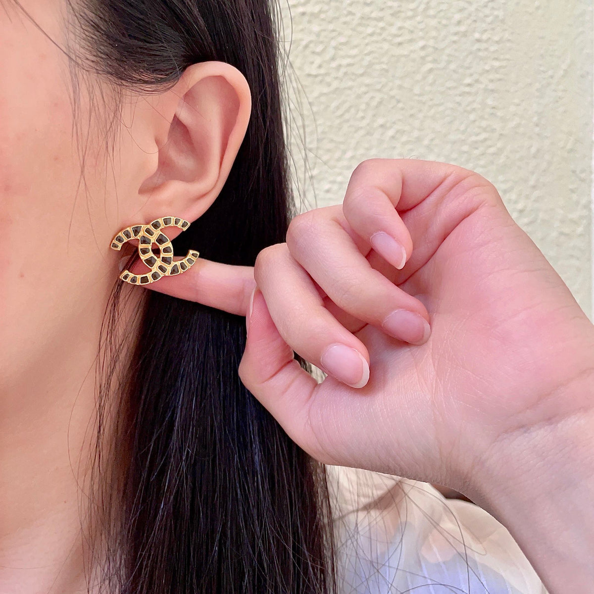 Double-C Emblem Stud Earrings in Polished Metal-Tone – Design 396 front product view