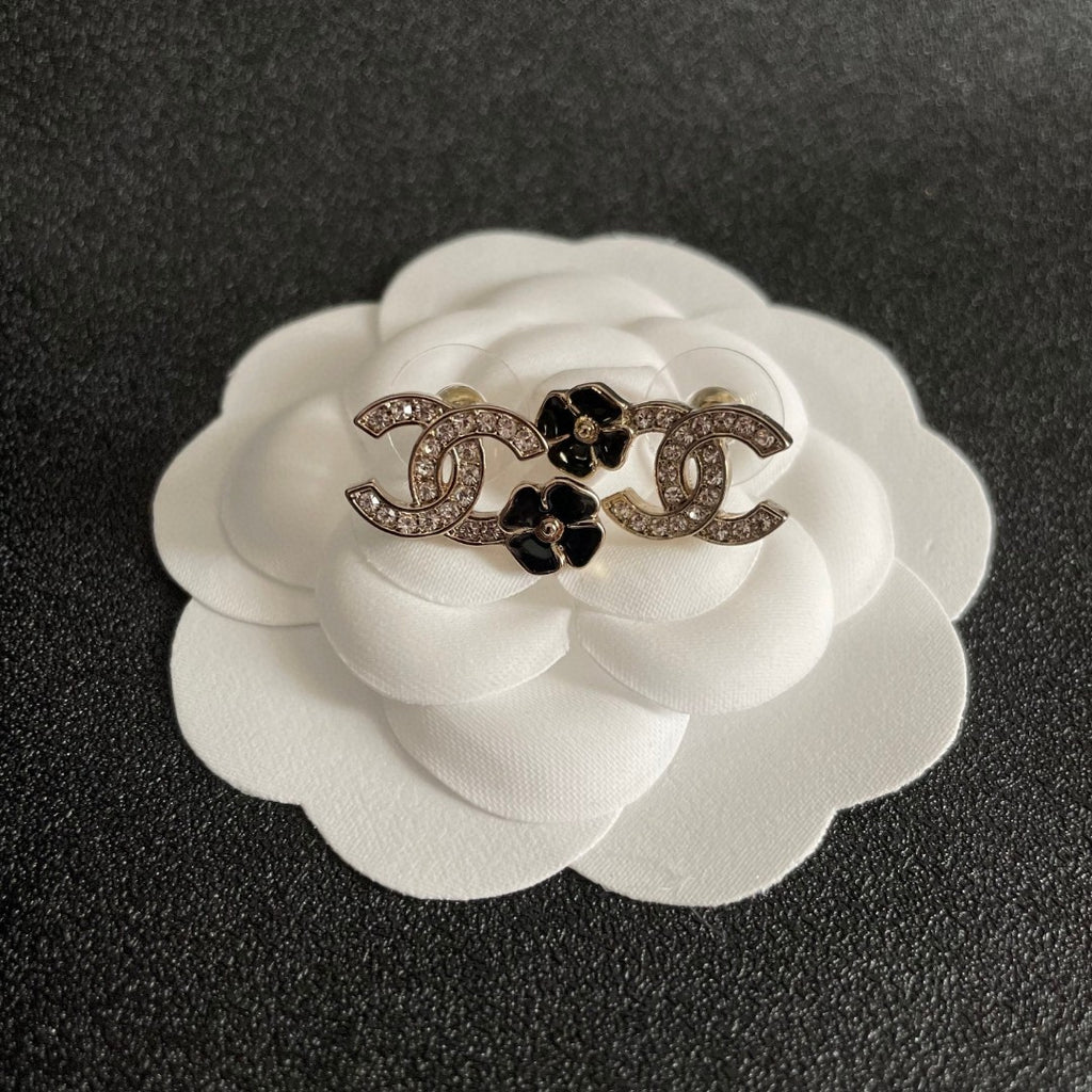Camellia Stud Earrings in Polished Metal-Tone – Camellia Detail – Design 049 front product view