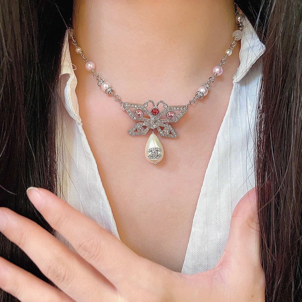 Double-C Emblem Pearl-Detail Pendant Necklace – Pearl Detail – Design 128 front product view