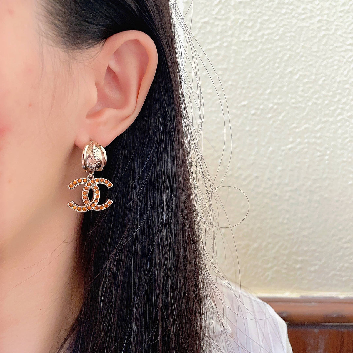 Double-C Emblem Crystal-Accent Statement Earrings – Design 013 detail view