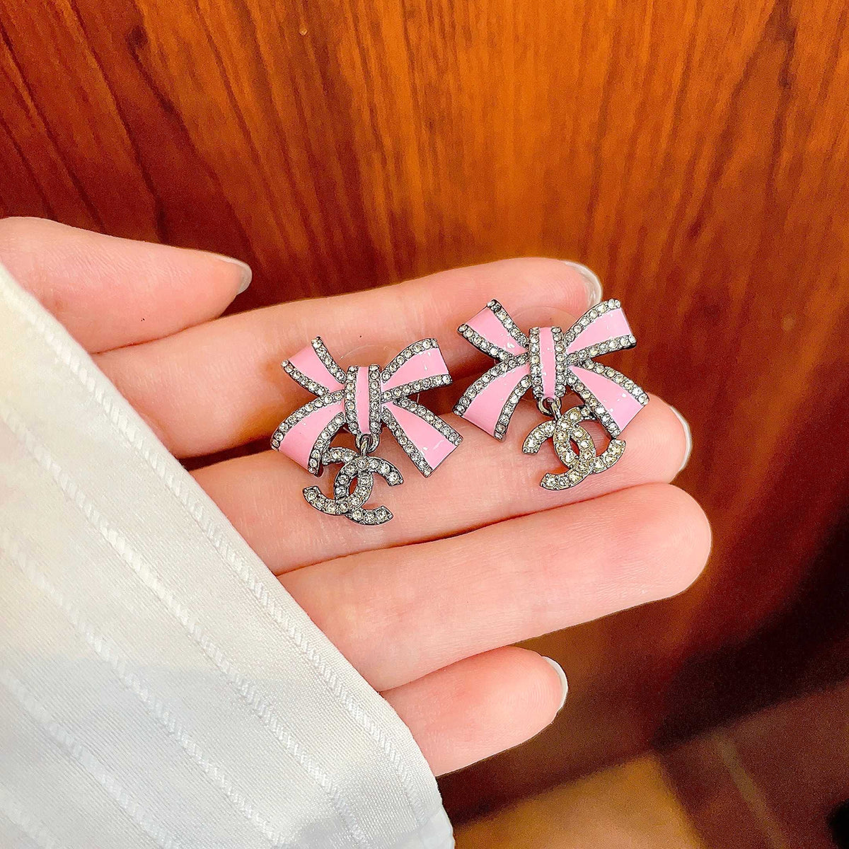 Double-C Emblem Crystal-Accent Statement Earrings – Design 012 side detail