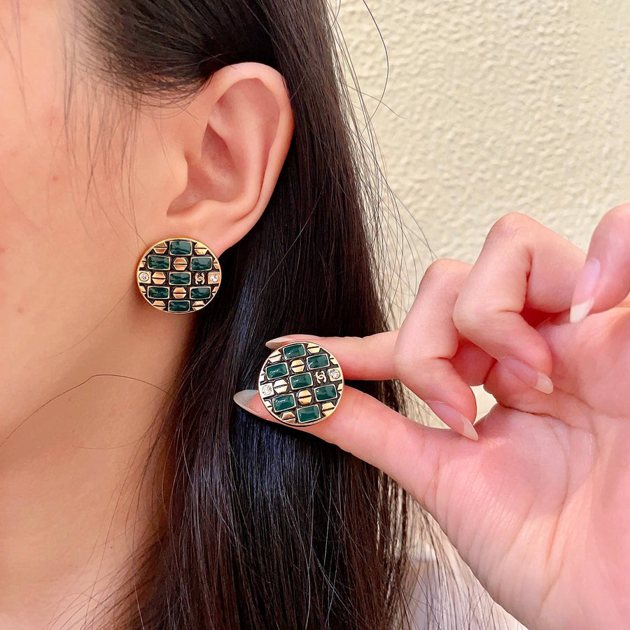 Double-C Emblem Stud Earrings in Polished Metal-Tone – Design 454 main product view
