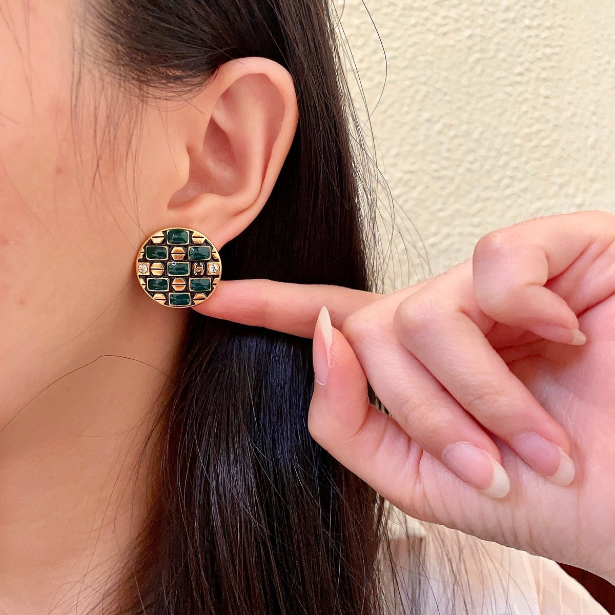 Double-C Emblem Stud Earrings in Polished Metal-Tone – Design 414 front product view