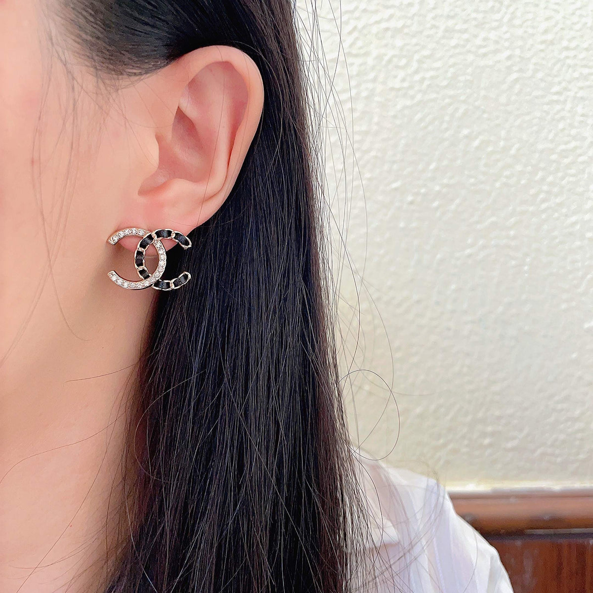 Double-C Emblem Crystal-Accent Stud Earrings – Design 014 detail view