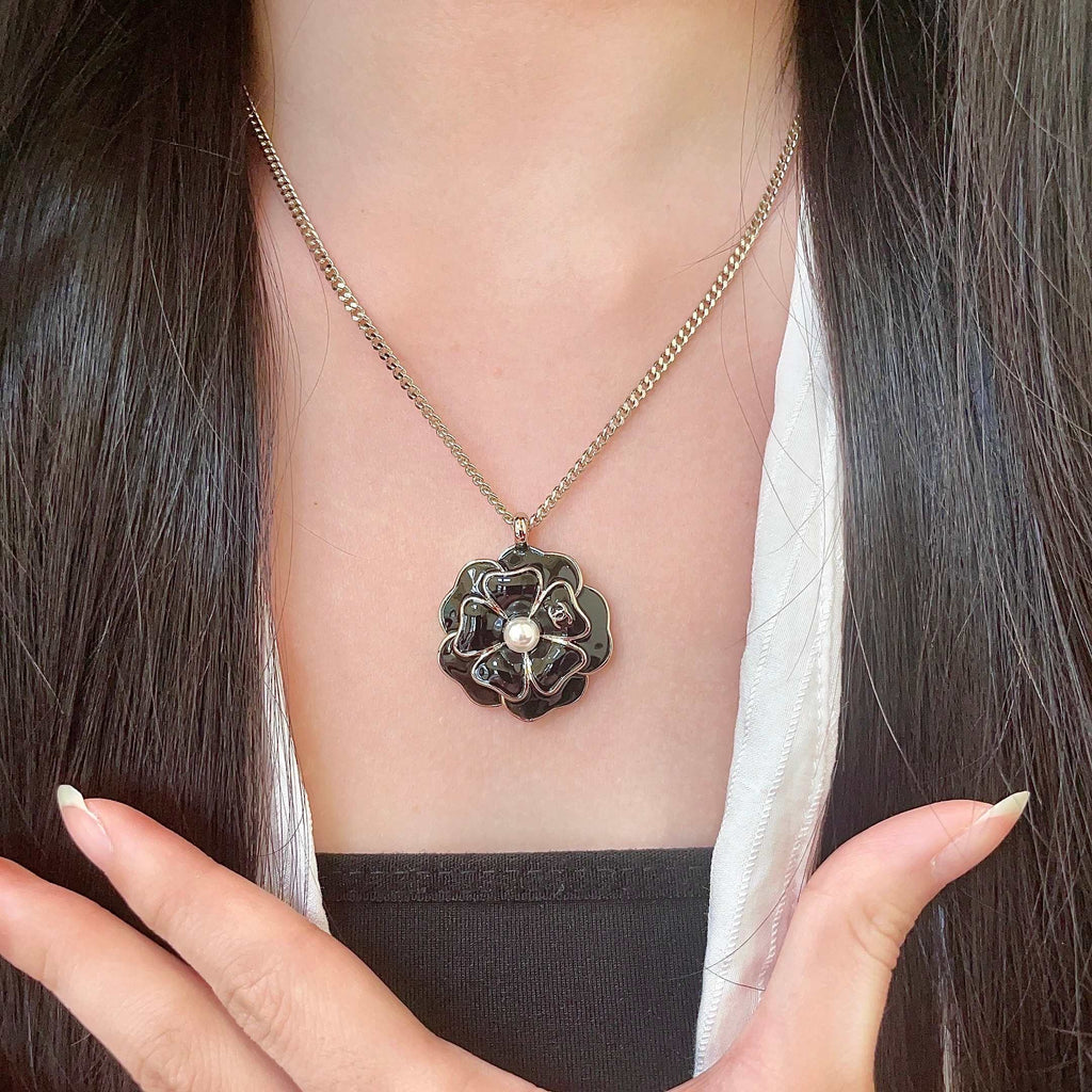 Camellia Pendant Necklace in Polished Metal-Tone – Camellia Detail – Design 012 front product view