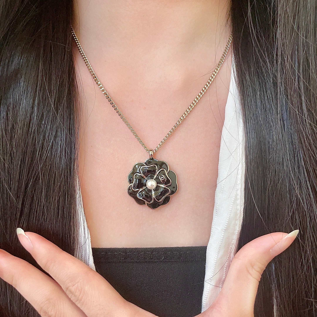 Camellia Pendant Necklace in Polished Metal-Tone – Camellia Detail – Design 010 front product view