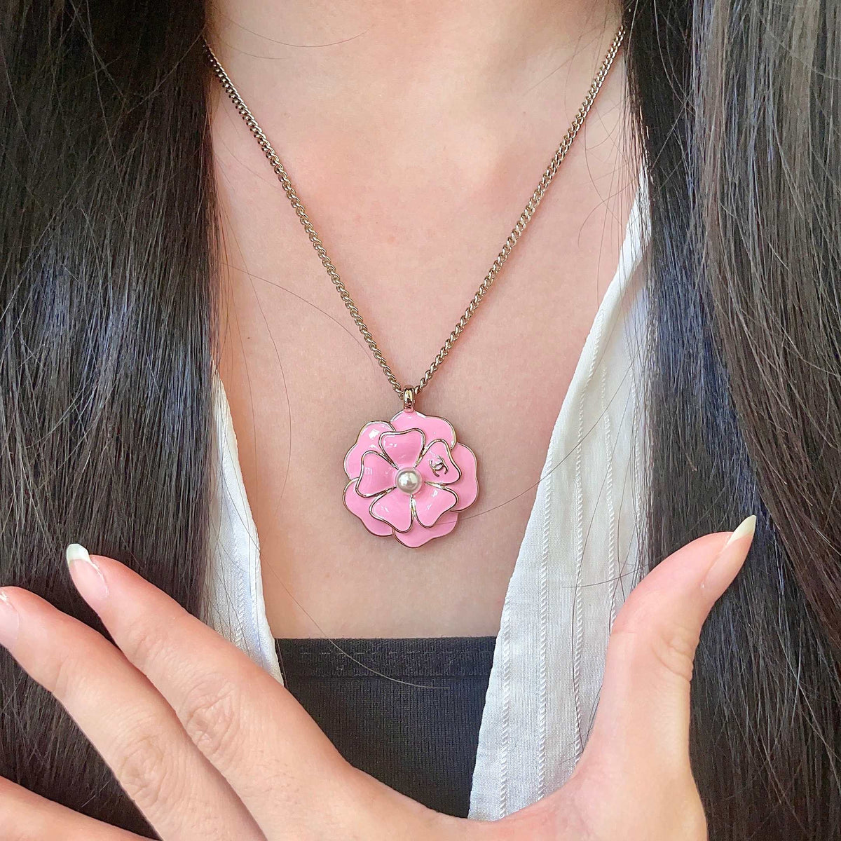 Camellia Pendant Necklace in Polished Metal-Tone – Camellia Detail – Design 009 front product view