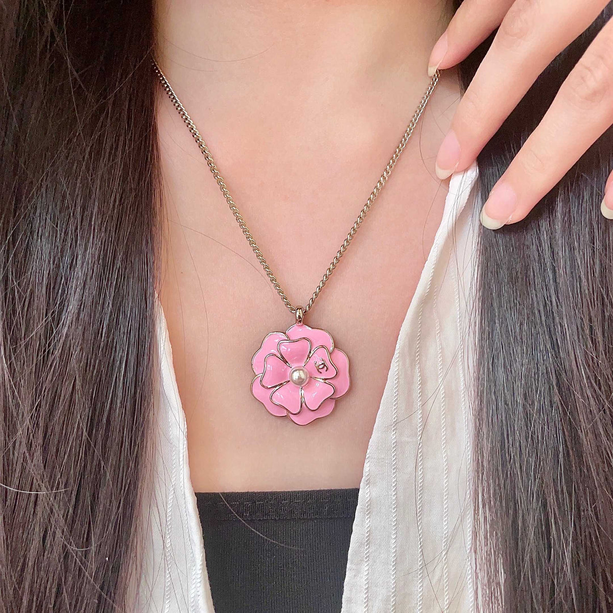 Camellia Pendant Necklace in Polished Metal-Tone – Camellia Detail – Design 005 main product view