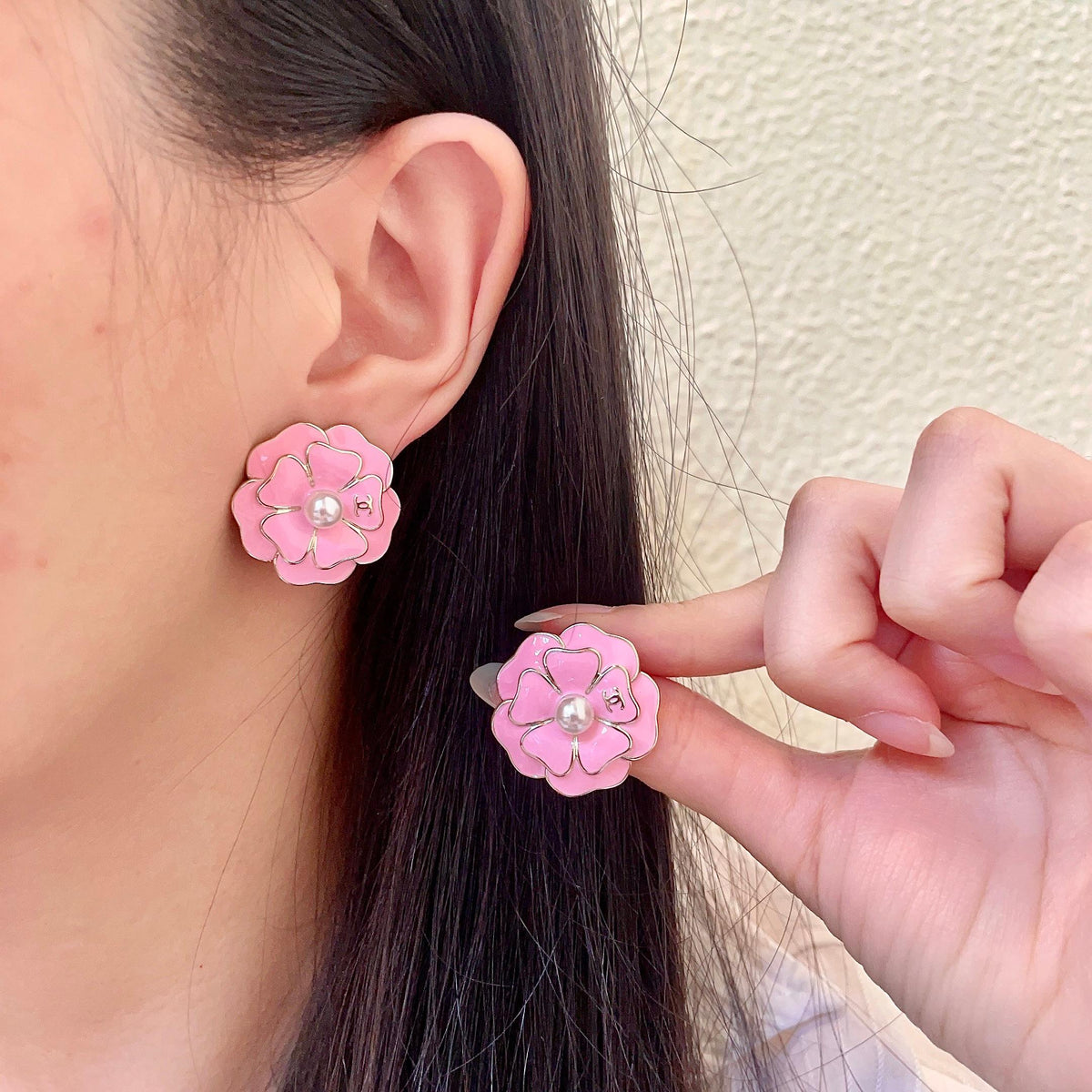 Camellia Stud Earrings in Polished Metal-Tone – Camellia Detail – Design 017 main product view