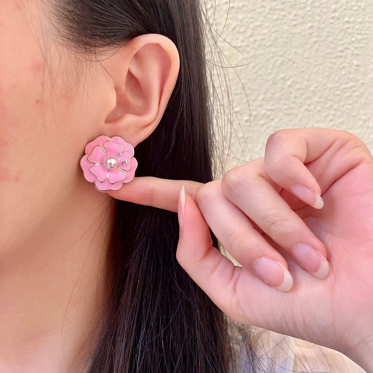 Camellia Stud Earrings in Polished Metal-Tone – Camellia Detail – Design 023 front product view