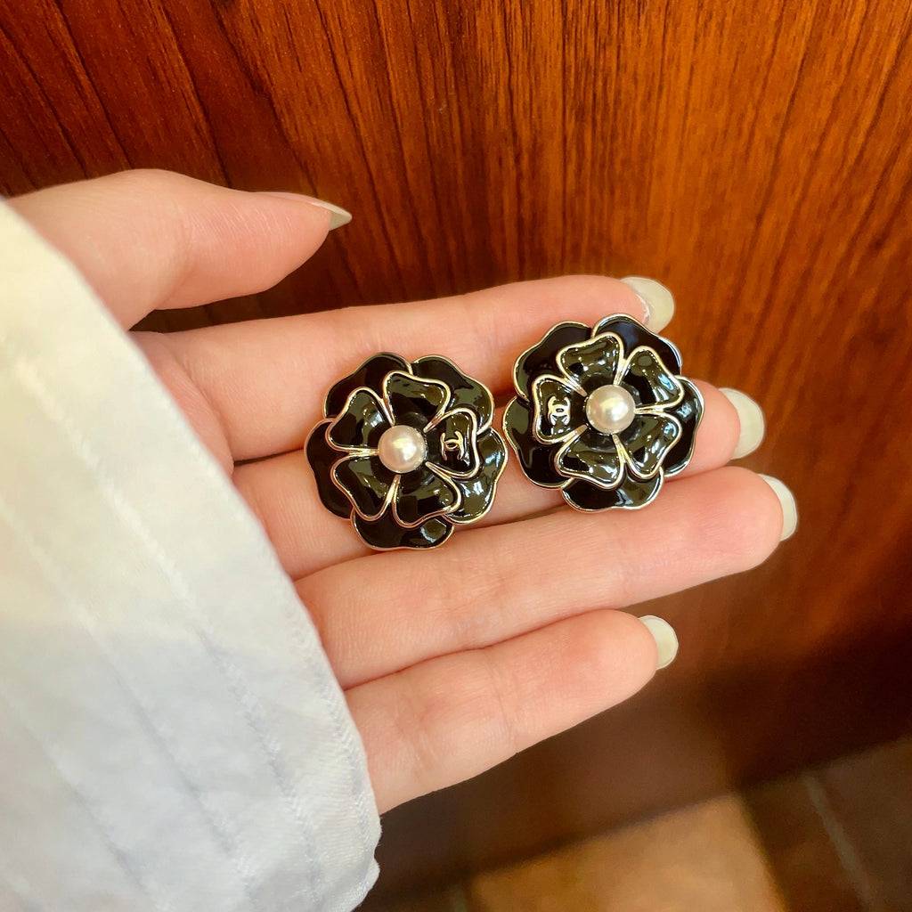 Camellia Stud Earrings in Polished Metal-Tone – Camellia Detail – Design 016 side detail