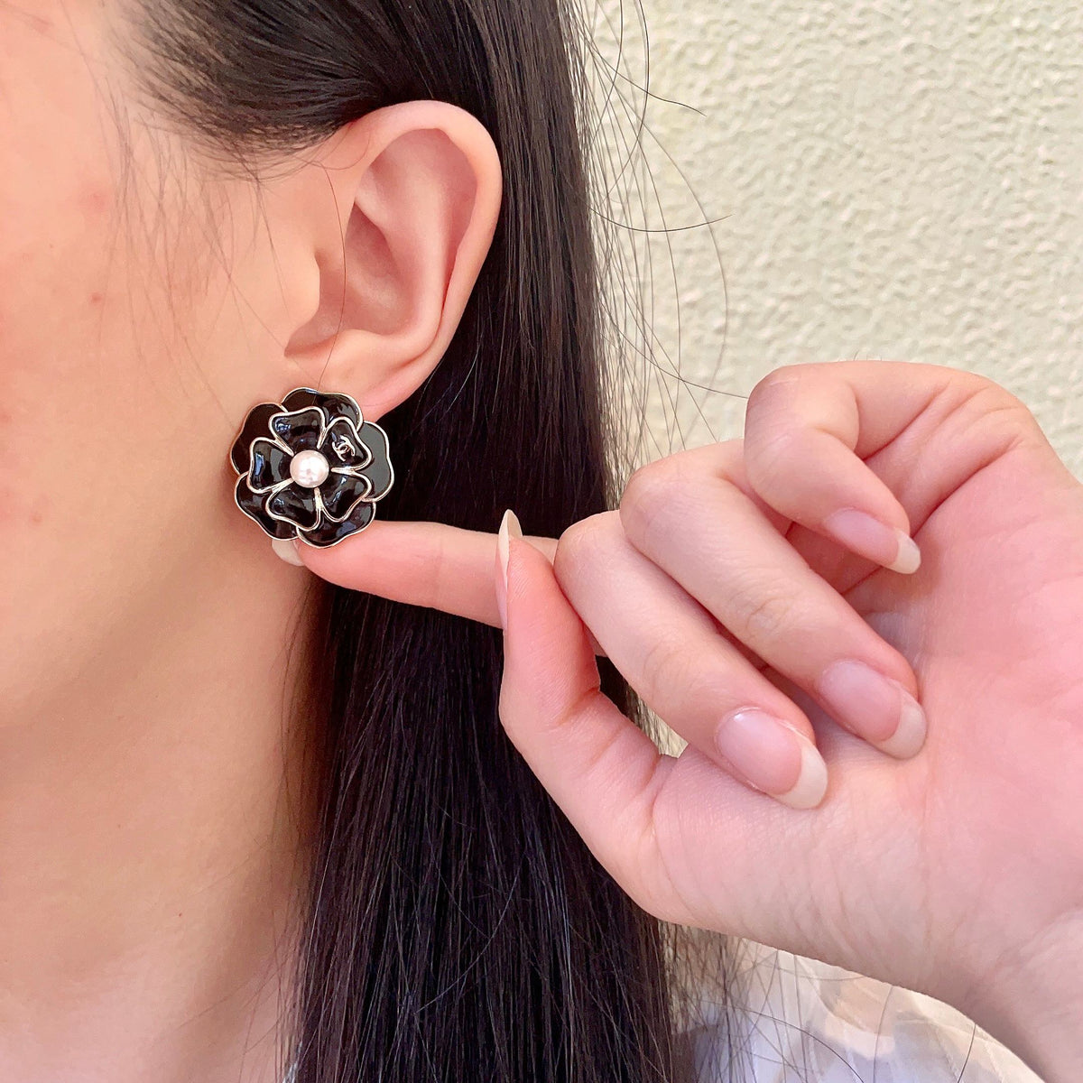 Camellia Stud Earrings in Polished Metal-Tone – Camellia Detail – Design 020 front product view