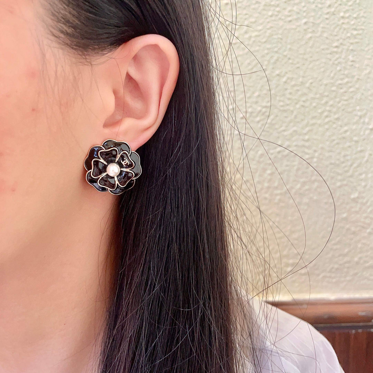 Camellia Stud Earrings in Polished Metal-Tone – Camellia Detail – Design 022 detail view
