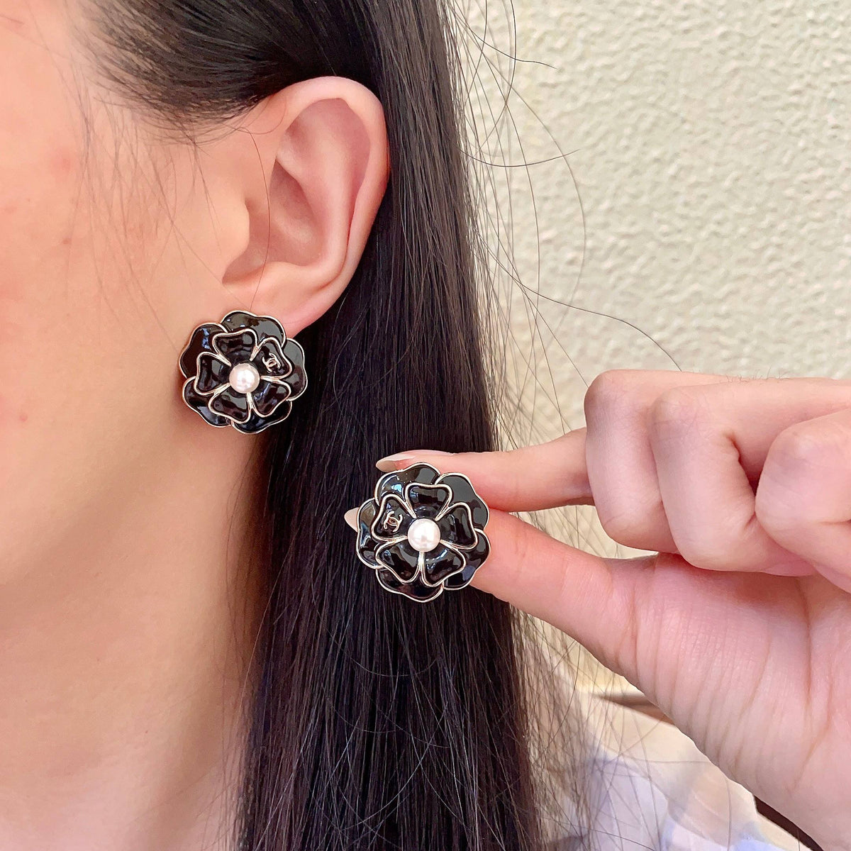 Camellia Stud Earrings in Polished Metal-Tone – Camellia Detail – Design 022 main product view