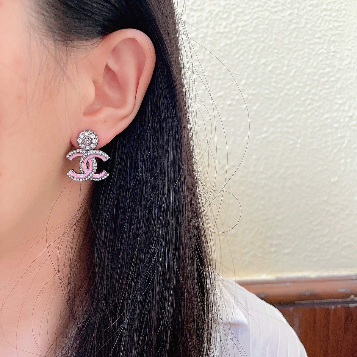 Double-C Emblem Crystal-Accent Statement Earrings – Design 010 detail view