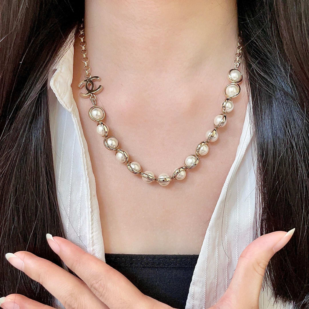 Double-C Emblem Pearl-Detail Pendant Necklace – Pearl Detail – Design 114 front product view
