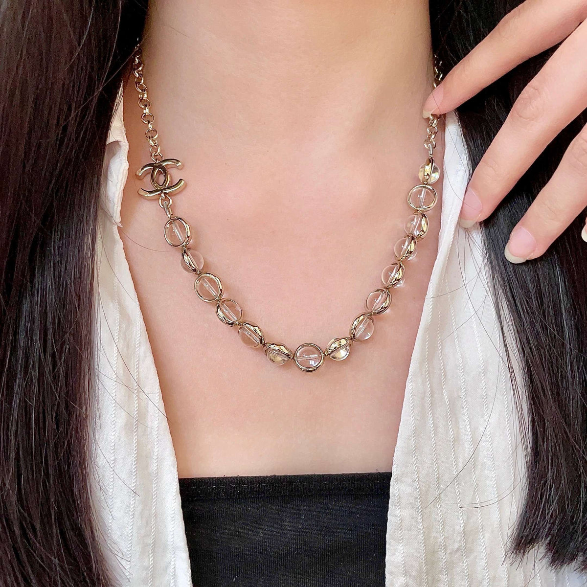 Double-C Emblem Pendant Necklace in Polished Metal-Tone – Design 068 main product view